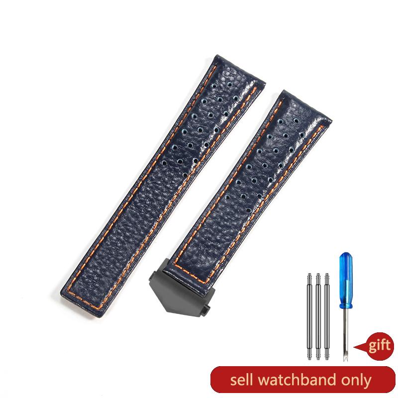 For TagHeuer Genuine Leather Solid Stainless Steel Fold Buckle Monaco Series Classic Blue Orange Line Cowhide 22mm Watch Strap