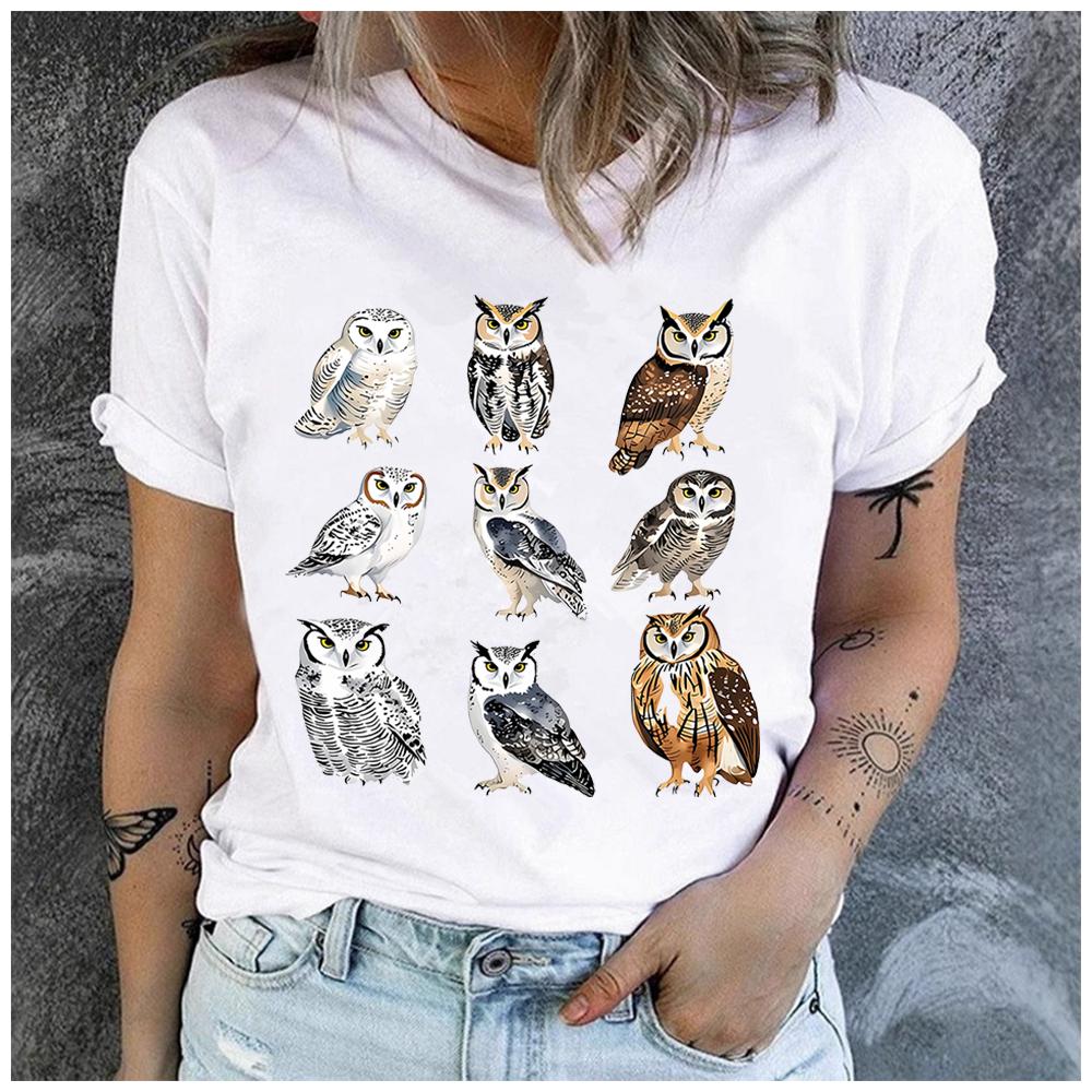 Unisex 100% Polyester Summer Top Different Breeds and Styles of Owls Print Loose Round Neck Short Sleeve Fashion for Lovers