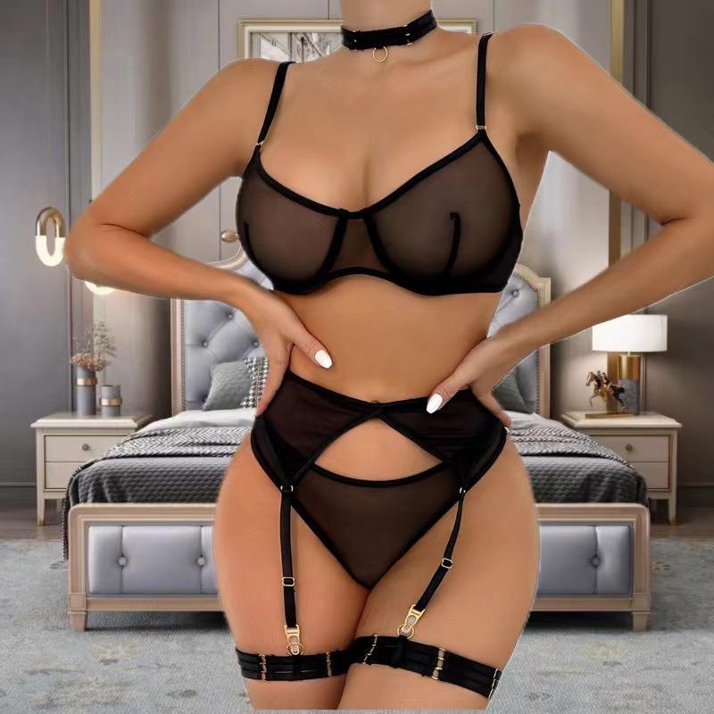 New women's clothing fashionable and sexy underwear mesh comfortable and slimming gathering with steel ring four-piece set