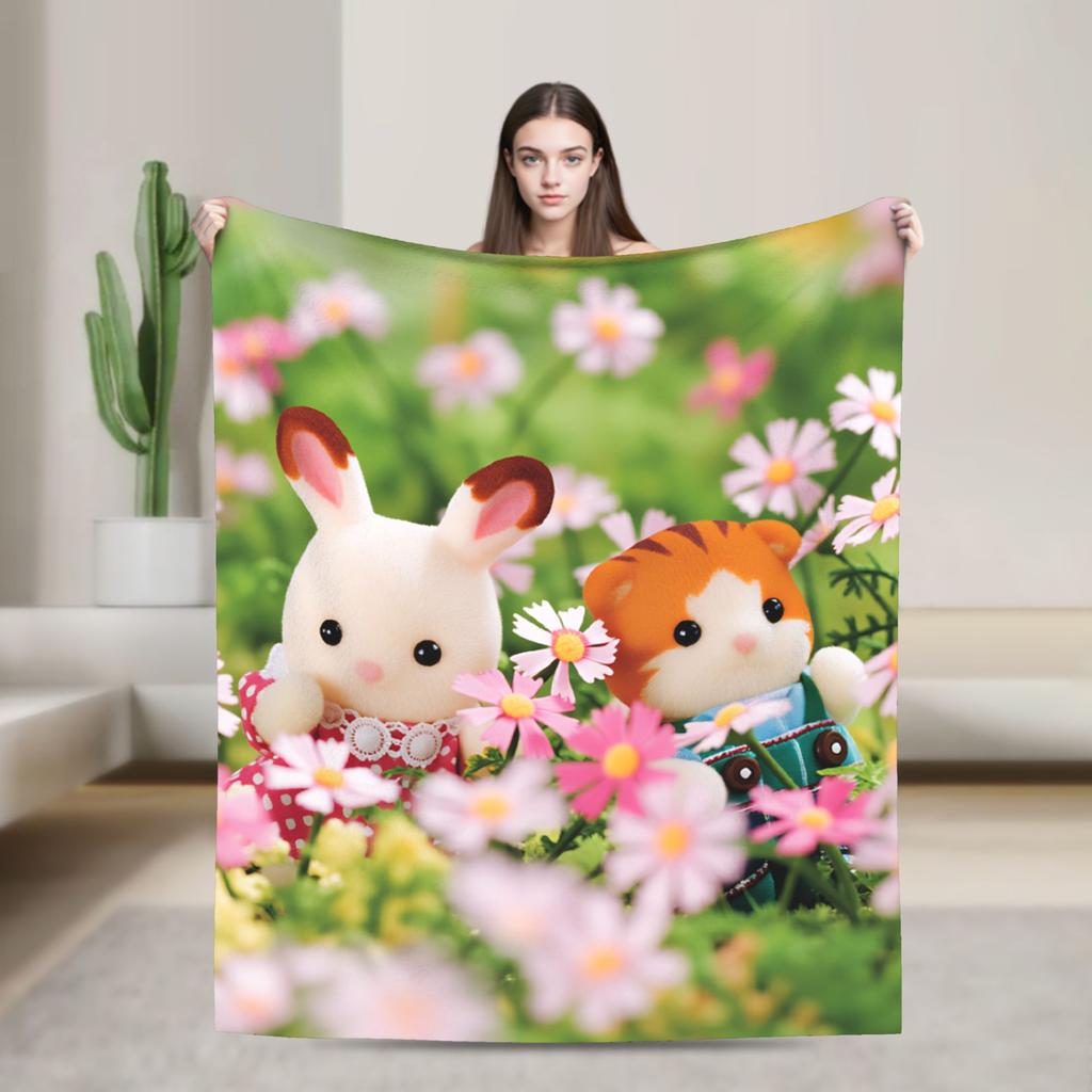 Cute Sylvanian Families Soft Warm Blankets Camping Plush Throw Blanket Funny Bedroom Flannel Bedspread Sofa Bed Cover