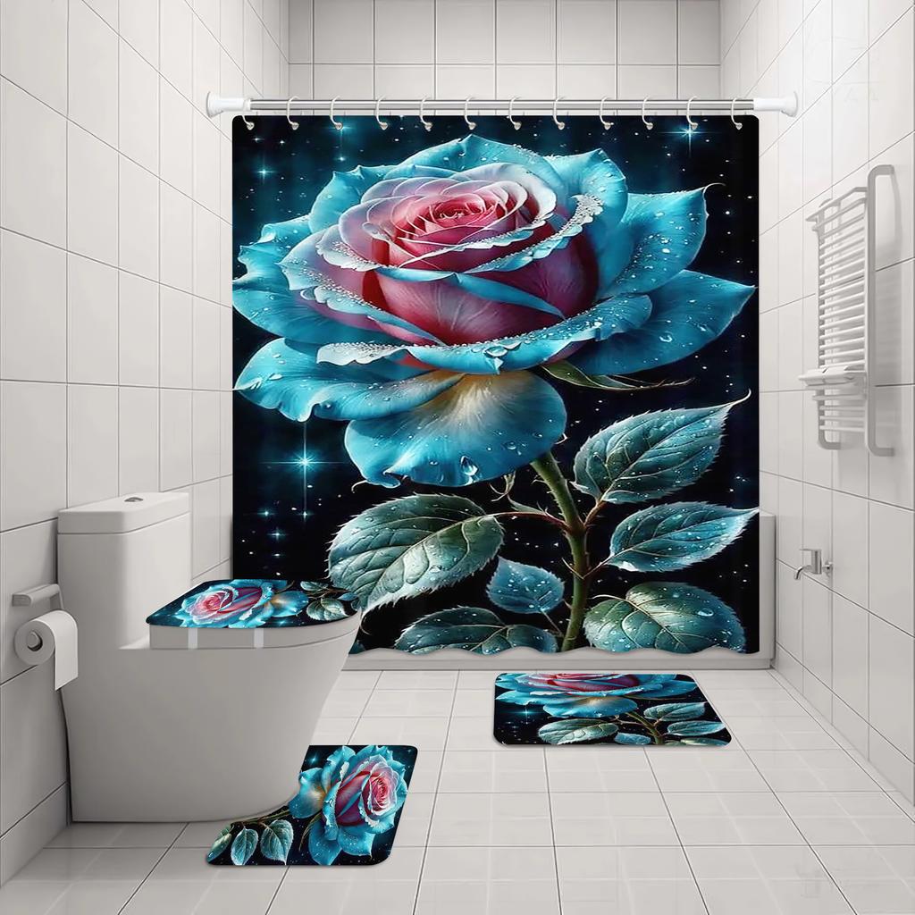 Rose Shower Curtain Love Couple Bath 4 Pcs Set Cute Cartoon Luxury Accessories Sets Full Mats Gifts for Boys Girls