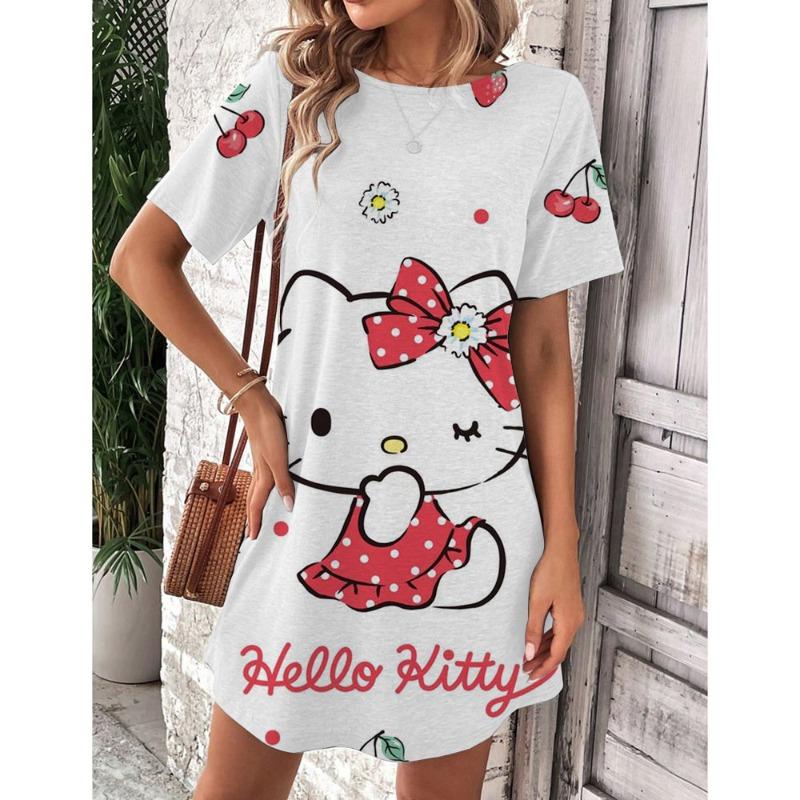 Robe d'été élégante et belle pour femme Nouvelle collection Hello Kitty Jupe courte sexy Robe mini à col rond pour femme
