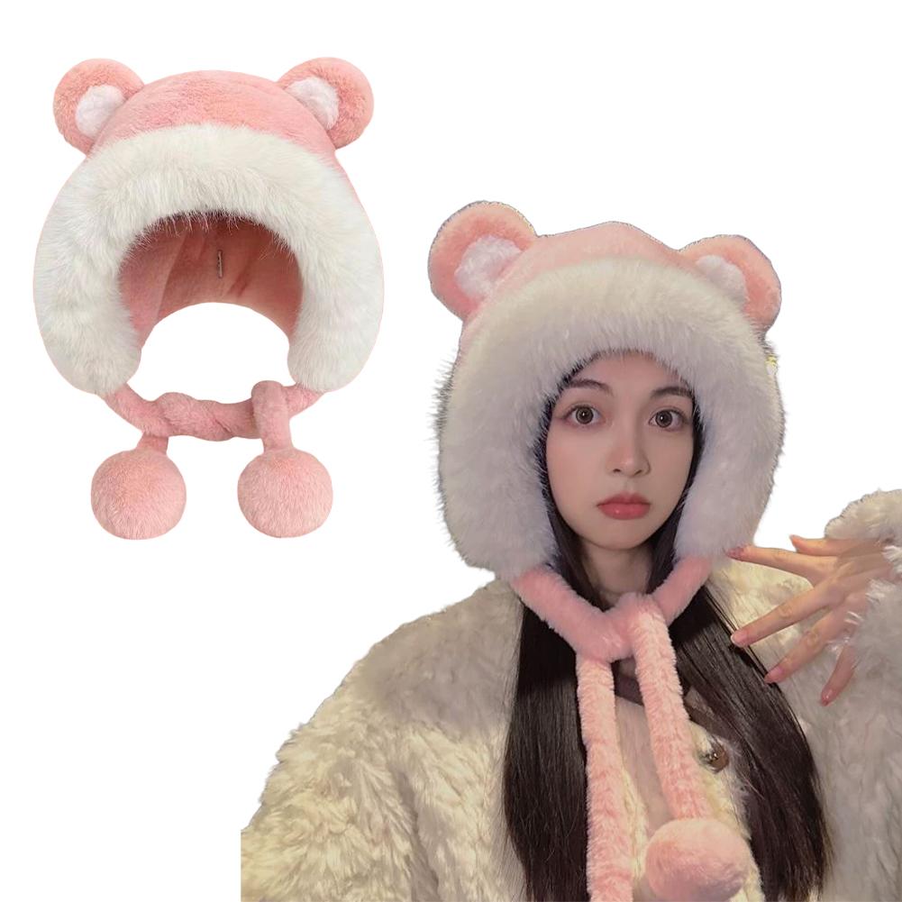 Winter Pink Cute Plush Bear Ear Hat Women Warm Faux Fur Beanie Trapper Hat with Strap Ear Flap Windproof Thick Fuzzy Cap Costume