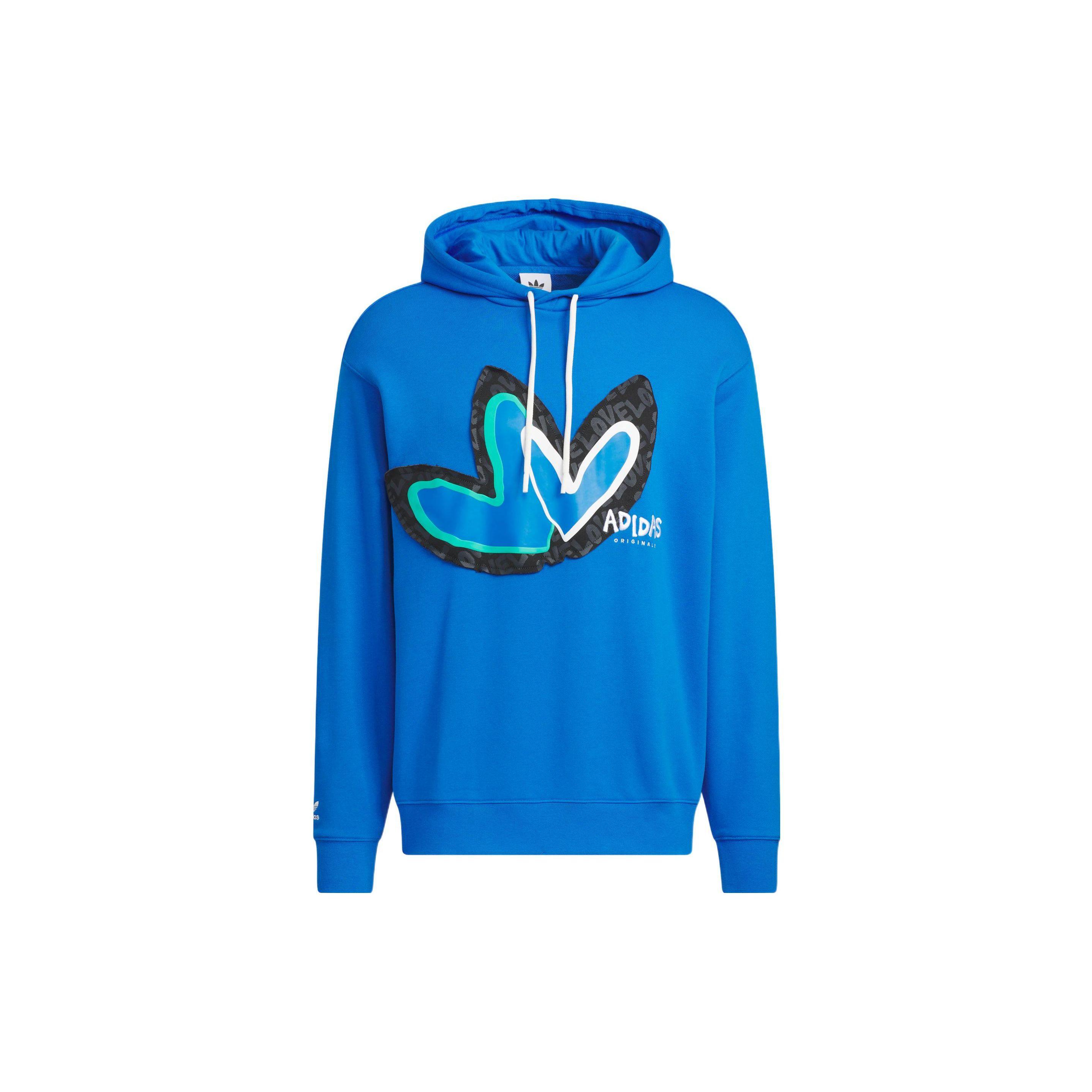 Adidas Originals Valentines Day Graphic Print Soft Fleece Hooded Sweatshirt Casual Streetwear Lifestyle Pullover Blue Men IK8650 S