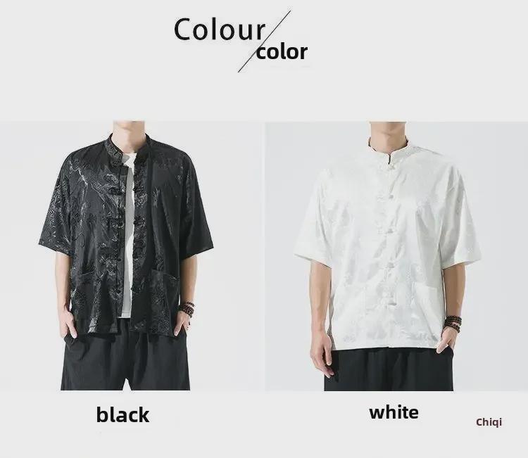 Herren-Tang-Hemd aus Eisseide mit Drachenmuster im chinesischen Stil – kurze Ärmel, lockere Passform