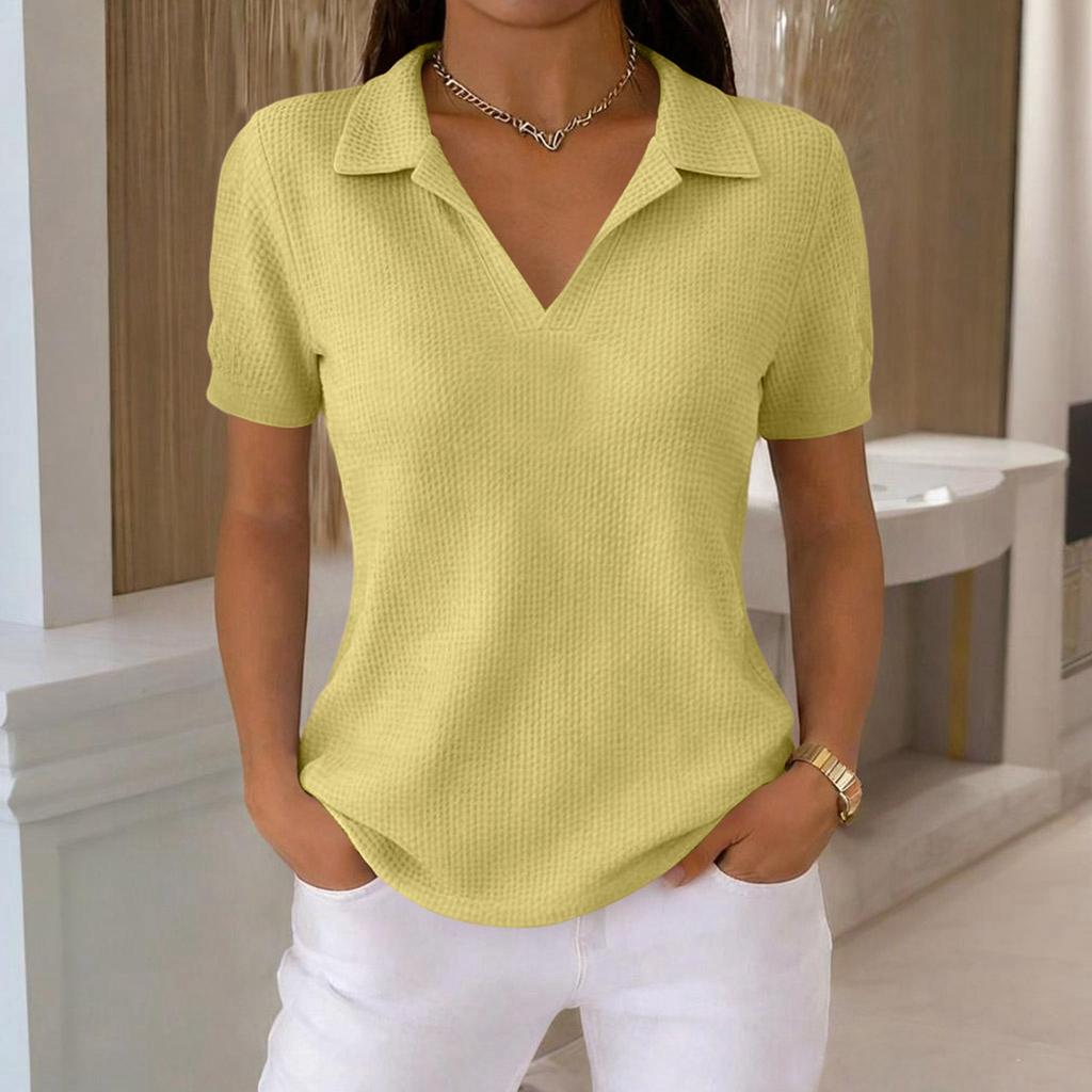 Women's Fashion -Color T-Shirt — Retro Lapel, -Knit, Short-Sleeve Top for Daily Commuting (Spring/Summer)