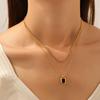 Gold Double Layer Chain Necklace with Black Square Enamel Pendant for Women