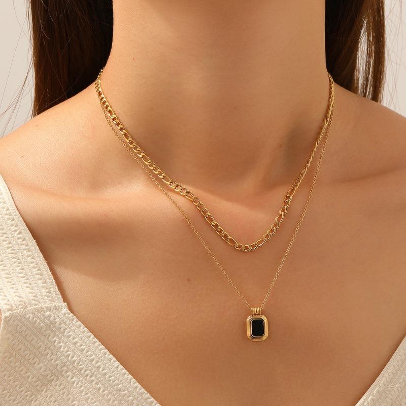 Gold Double Layer Chain Necklace with Black Square Enamel Pendant for Women