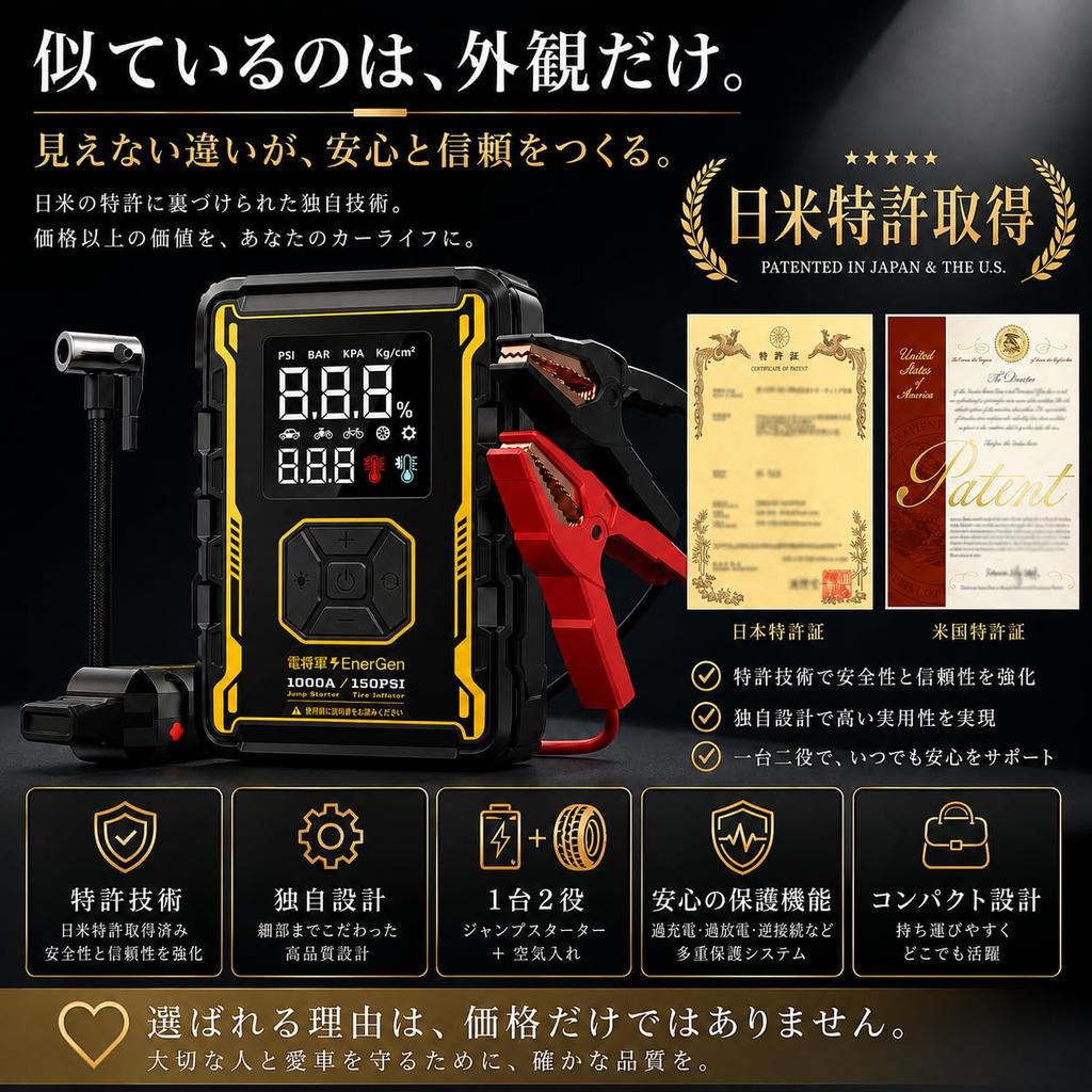 Jump Starter Electric Air Pump for 12V Vehicles in Japan and the Recommended by Certified Mechanics 1000A 10000mAh Engine Starter Air Compressor for