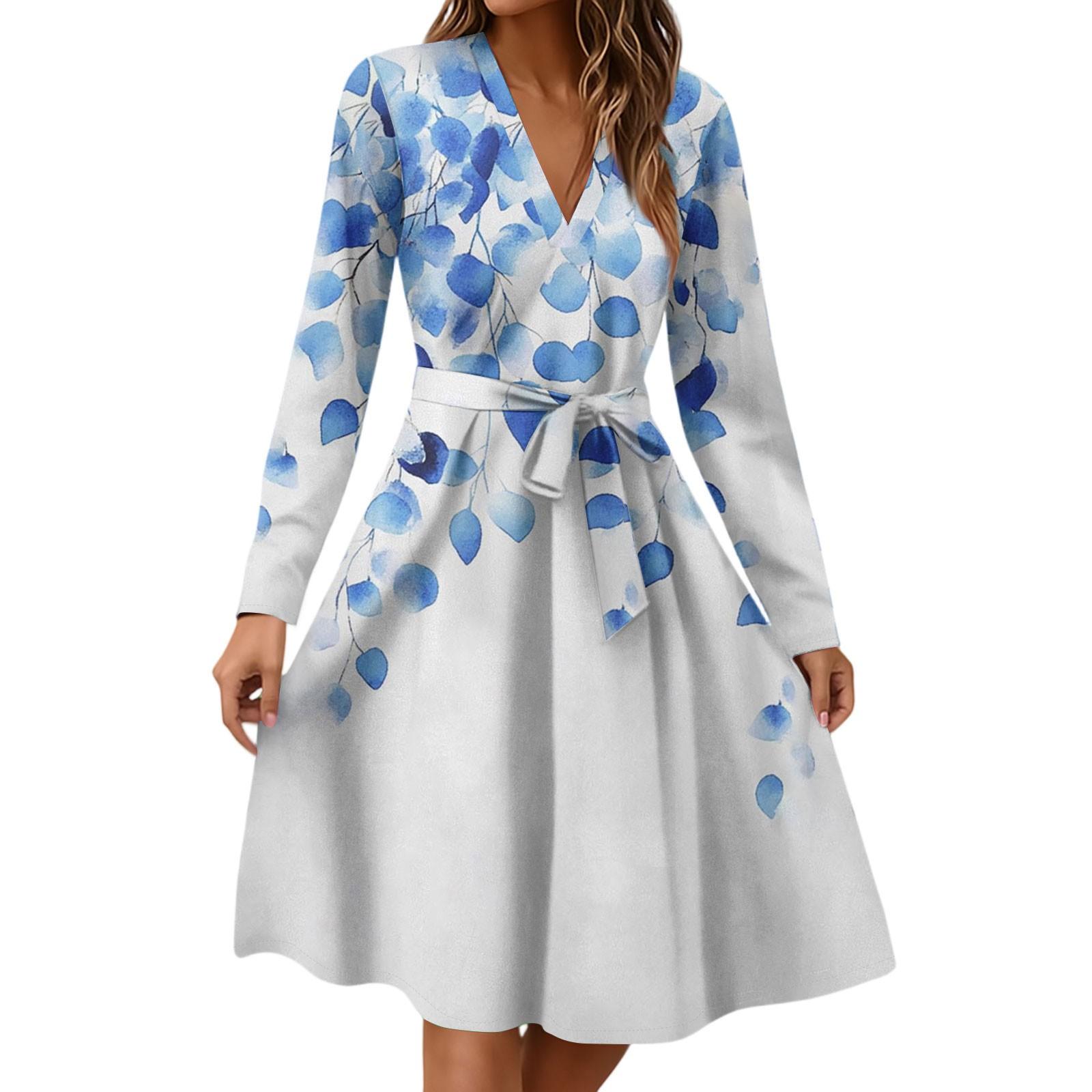 

Жіноча мода Повсякденна сукня міді з V-подібним вирізом, довгим рукавом, талією та квітковим принтом XL білий