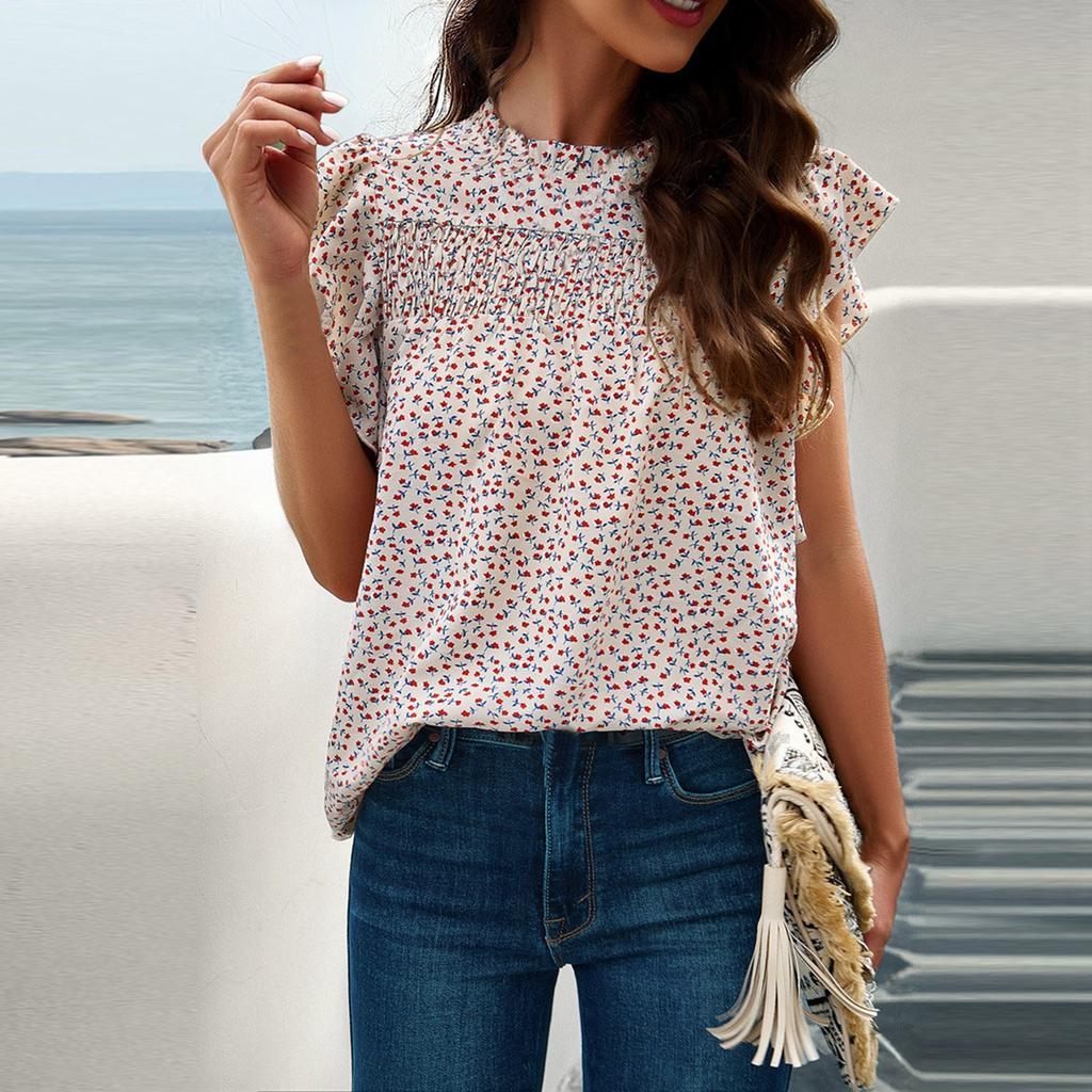 Sleeveless Ruffled Collar Printed Top With Loose Casual T-shirt