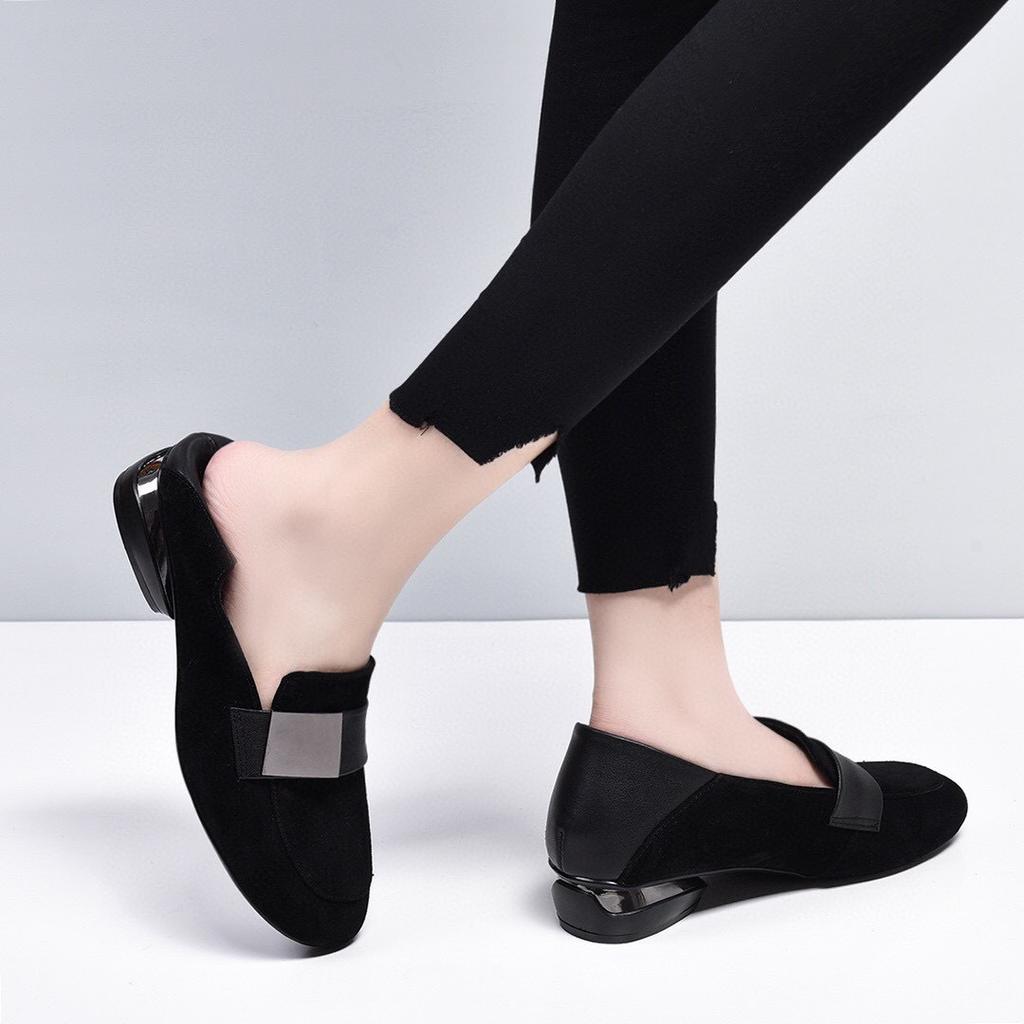 Loafers 2025 spring and summer new mango head square buckle comfortable single shoes black first layer cowhide two wear women's bean shoes