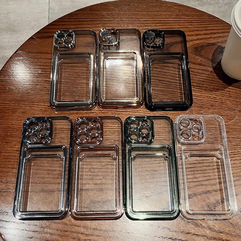 Plating Transparent Card Holder Phone Case For Iphone 14 13 11 12 Pro Max Plus Lens Protection Shockproof Silicone Wallet Cover