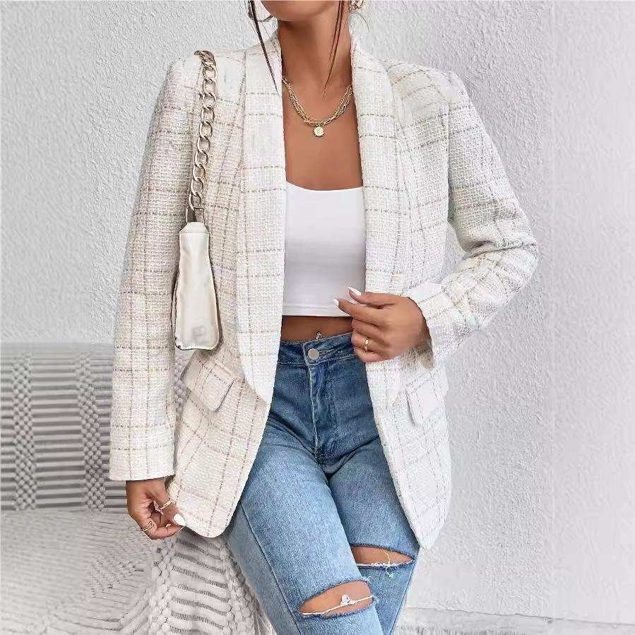 

Свободного кроя твидовый пиджак в клетку с лацканами с вырезом и накладными карманами XL