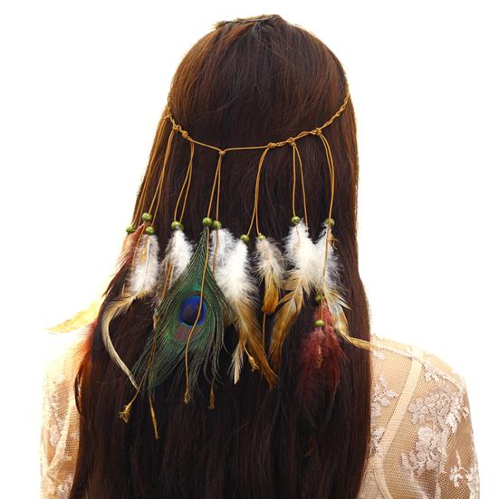 Bohemian Women Peacock Feather Headband Braided Rope Hair Band Hippie Headdress