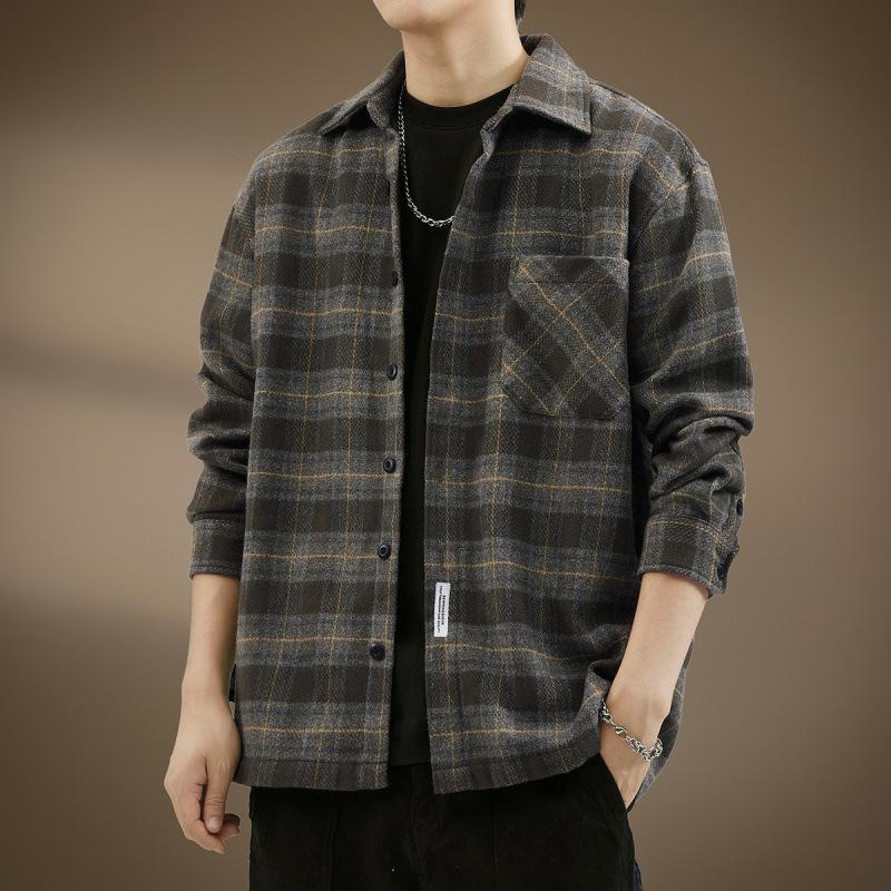 Men High End Japanese Style Vintage Brushed Plaid Long Sleeve Shirt Spring Autumn New Style Casual Loose Workwear Shirt Coat