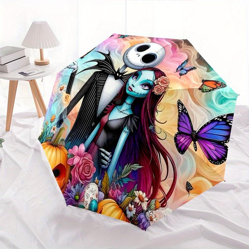 1 Ombrello Portatile Colorato con 8 stecche, a Tema Jack Skellington e Sally, Apribile Automaticamente, per Uomo e Donna, un Compagno Compatto per il Pendolarismo Adatto per Da