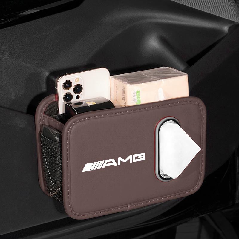 HCDS2 Car Door Storage Box Leather Car Logo Seat Backrest Tissue Box Sticker For Mercedes Benz AMG A B C E G CLA GLA W211 W214 W205