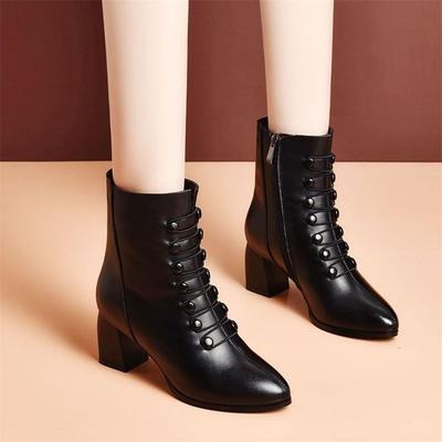 Chunky Boots Women Fashion PU Leather Pointed Toe Ankle Black Boots Ladies Office Shoes Woman Pumps Footwear