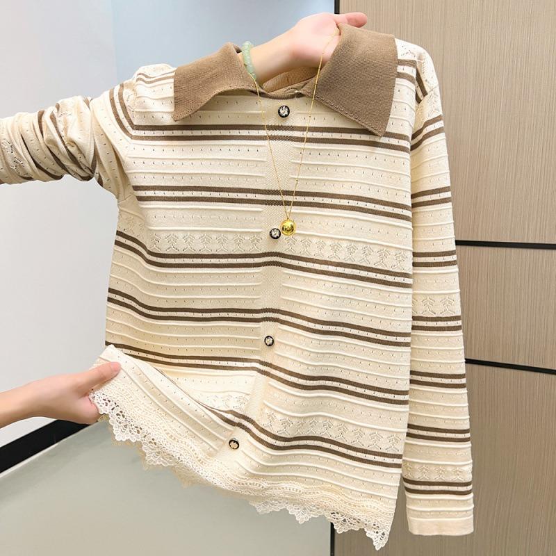 Autumn and Winter New Lapel Striped Knitted Sweater Lace Splicing Long-sleeved Women's Sweater