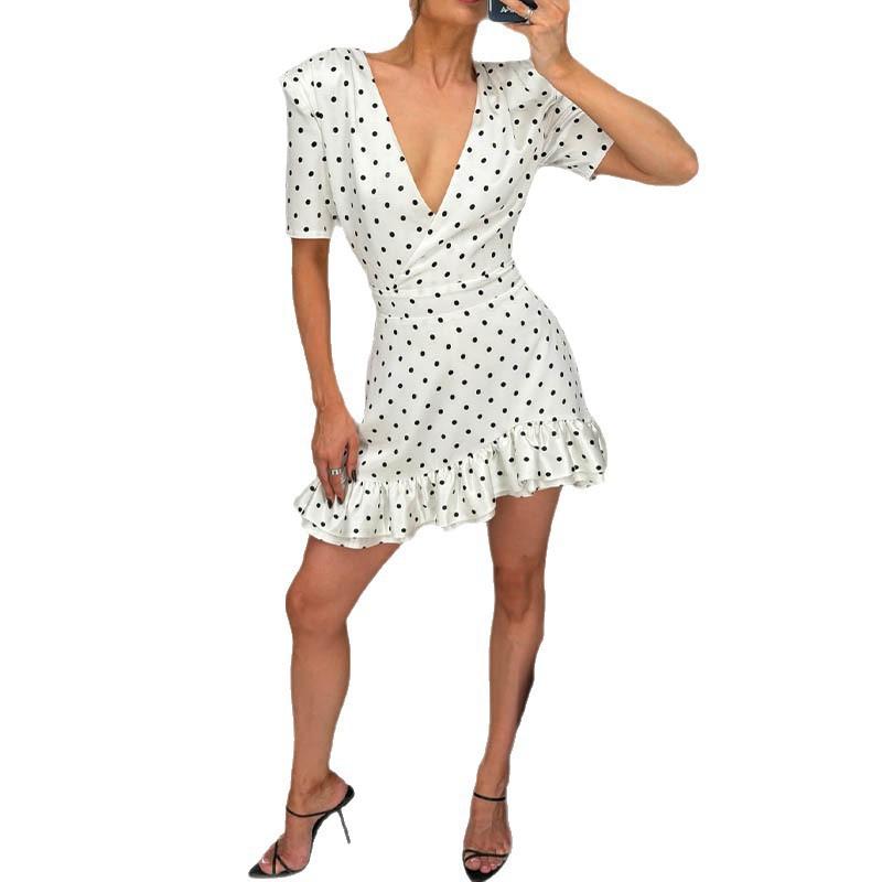 European and American style hot-selling fashion versatile polka dot printing dress temperament V-neck waist A-word short skirt women