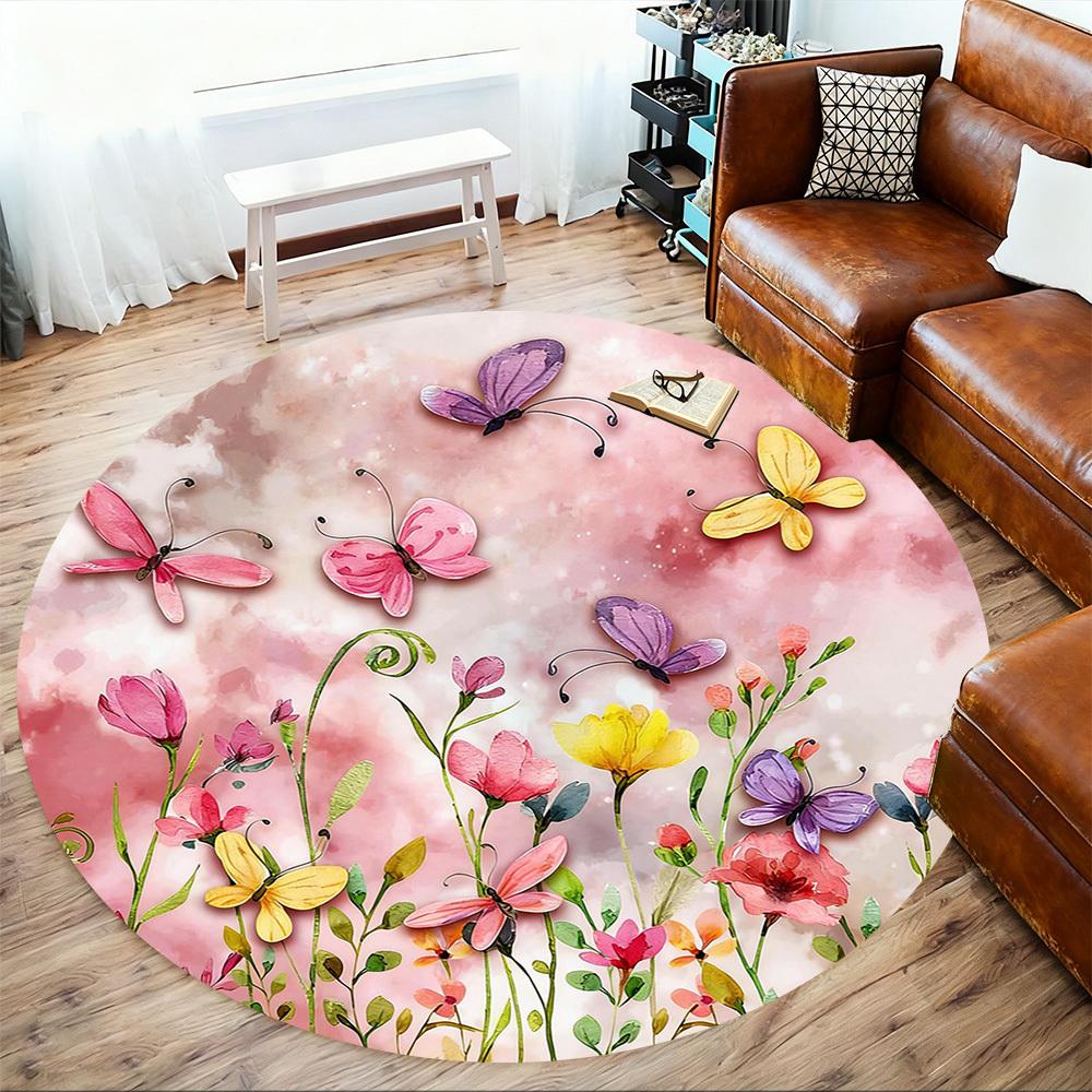 1pc Butterflies Flowers Round Chair Mat Office Area Rug - Non-Slip, Floor Mat for Office, Bedroom, and Indoor Decor P127232