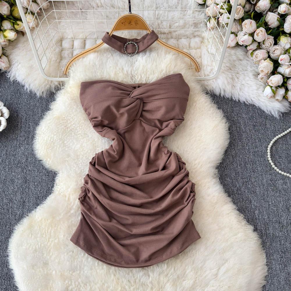 Women's Sexy Twisty Strapless Dress Spicy Girl's Ingenious Pleated Slimming and Body-hugging Dress