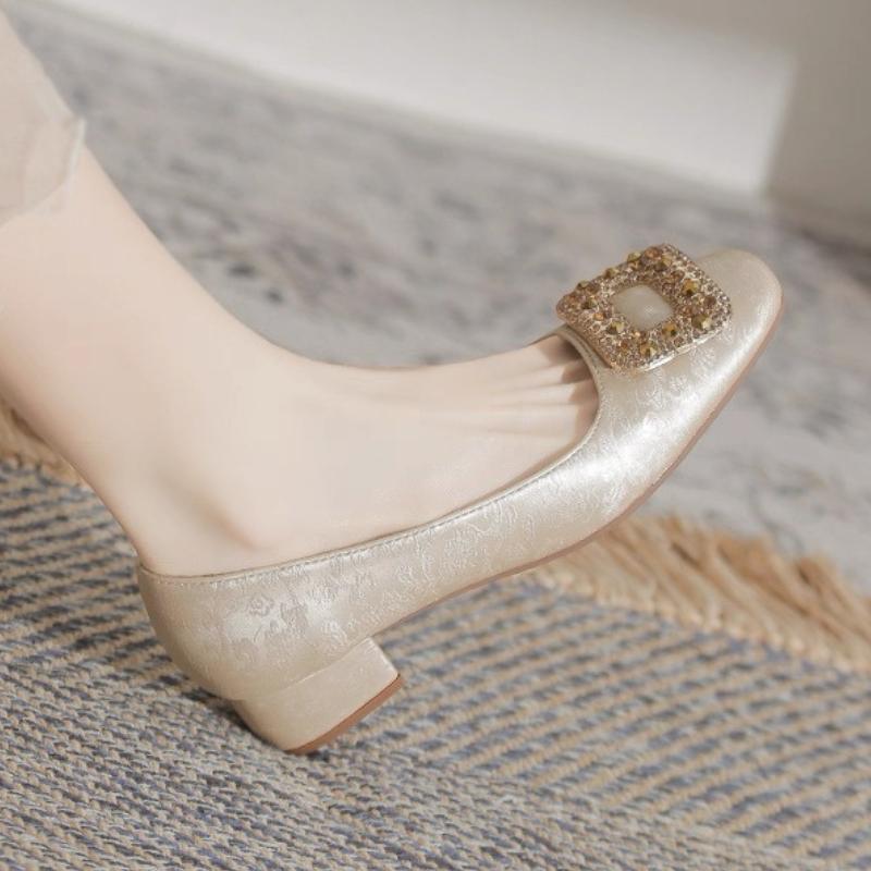 Fashion 2025 New Square-Crystal Button Low Heels  Women's Shoes Chunky Heels Square Head Ladies Pumps Shallow Mouth Stiletto Daily Shoes