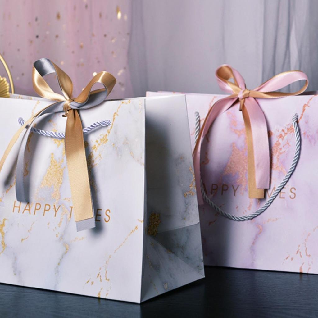 Large Marble Pattern Gift Bag with Ribbon – Ideal for Holidays, Weddings, and Candy Gifts
