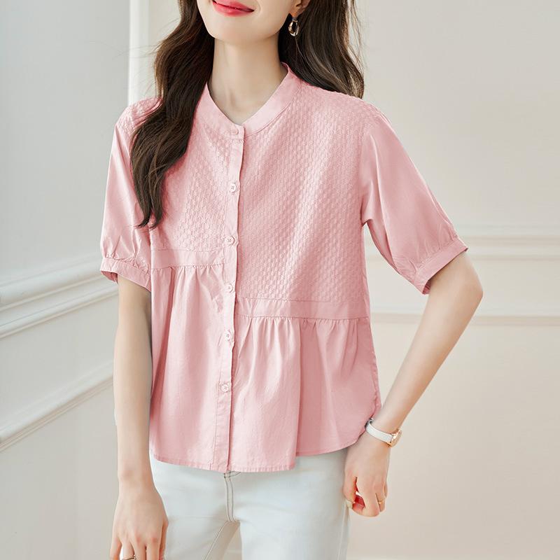 Splicing White Shirt Women's Five-quarter Sleeve Summer Dress New Cotton Top Round Neck Loose Shirt