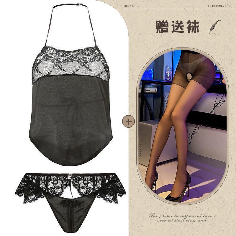 Sex Lingerie Sexy Retro Lace Seduction Belly Pocket Passion Pajamas Pure Desire Open Crotch Lace-up Uniform Suit