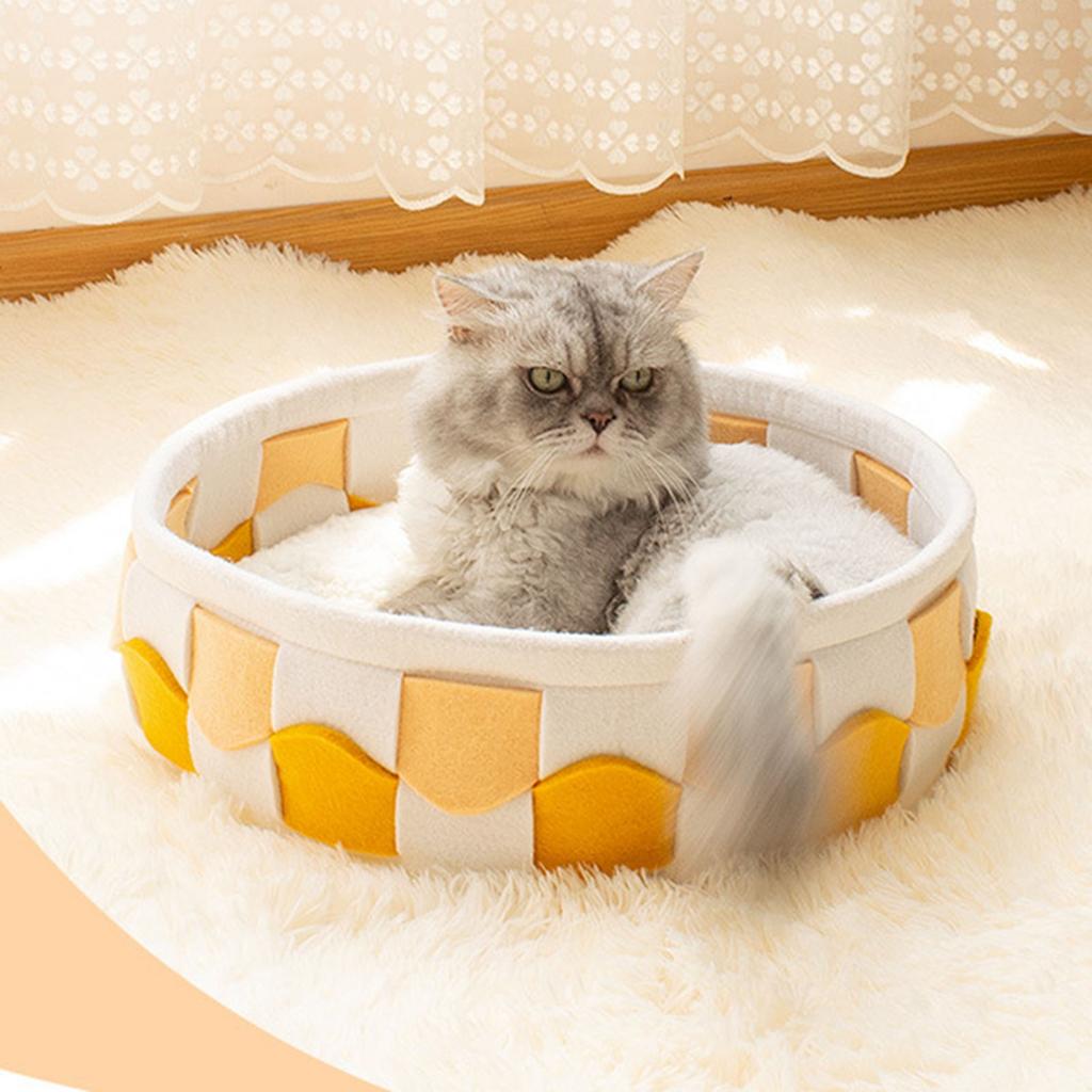 Round Cat Bed Soft Wave Line Braid Double Sided Universal Large Small Dog Bed for Winter Summer Yellow