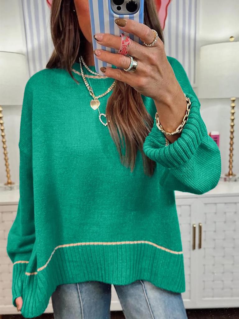 European American Color Block Round Neck Pullover Sweater - Casual, Versatile Autumn Wear for Women