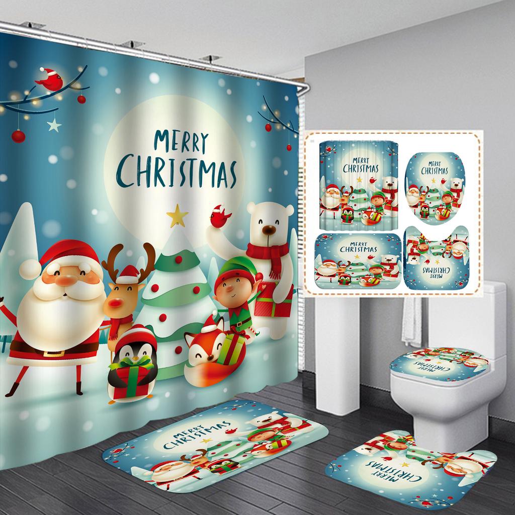 Merry Christmas Bathroom 4Pcs Set Snowman Santa Claus Pattern Waterproof Shower Curtain Toilet Cover Mat Non Slip Rug Home Decor