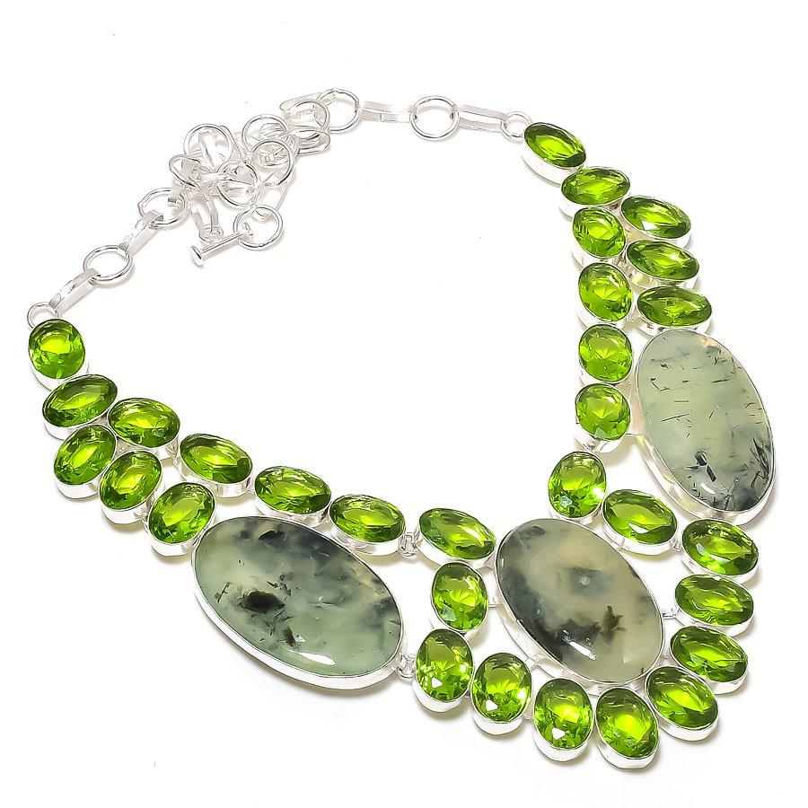 

Natural Prehnite, Peridot Gemstone 925 Sterling Silver Jewelry Necklace 18 t3v80