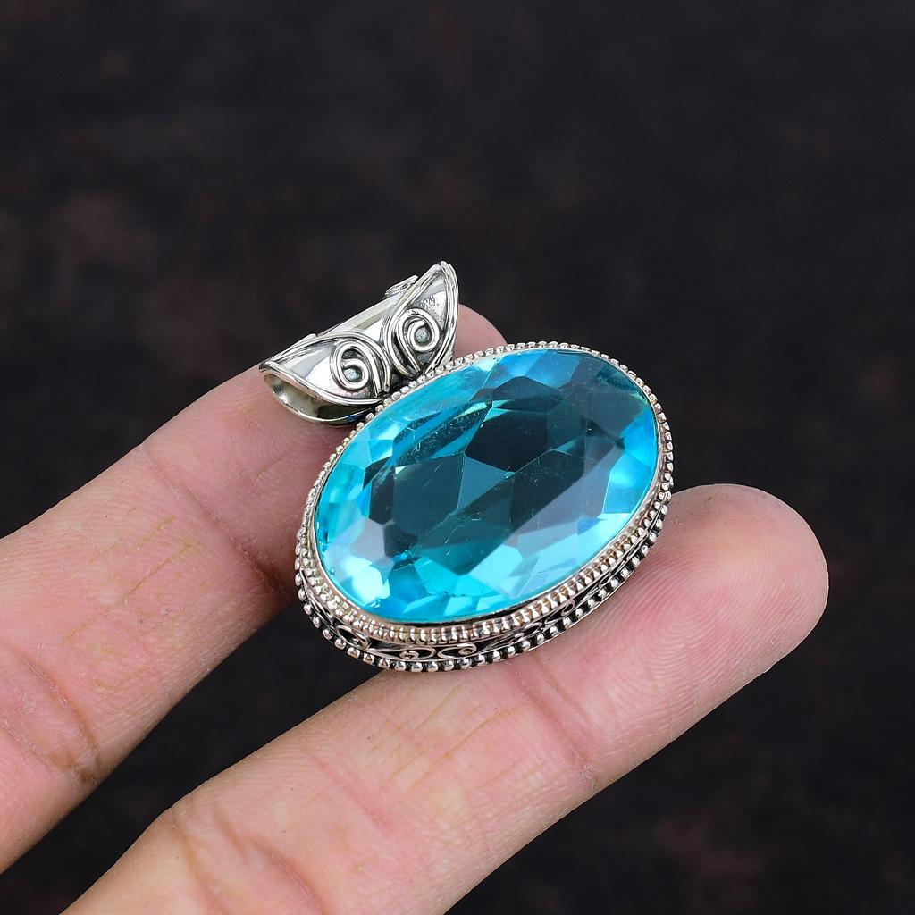Faceted Swiss Blue Topaz Pendant Gemstone Pendant Antique Jewelry 925 Sterling Silver Pendant Vintage Pendant Handmade Jewelry Gifts For Her