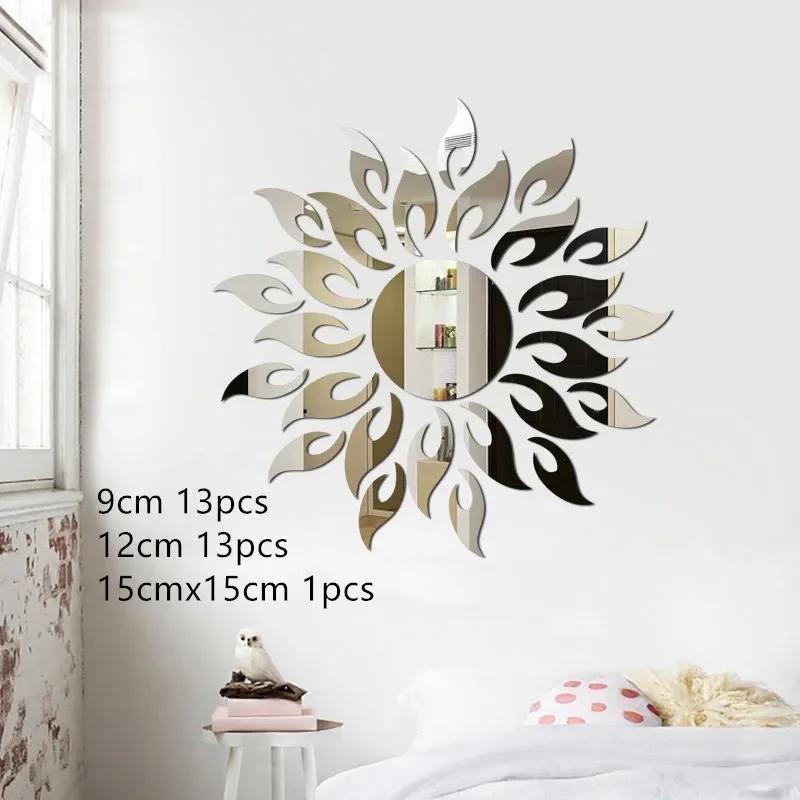 New Decorative Mirrors DIY Wall Stickers Sun Flower Aesthetic Room Decor Mirror Stickers for Living Room Decoración Hogar