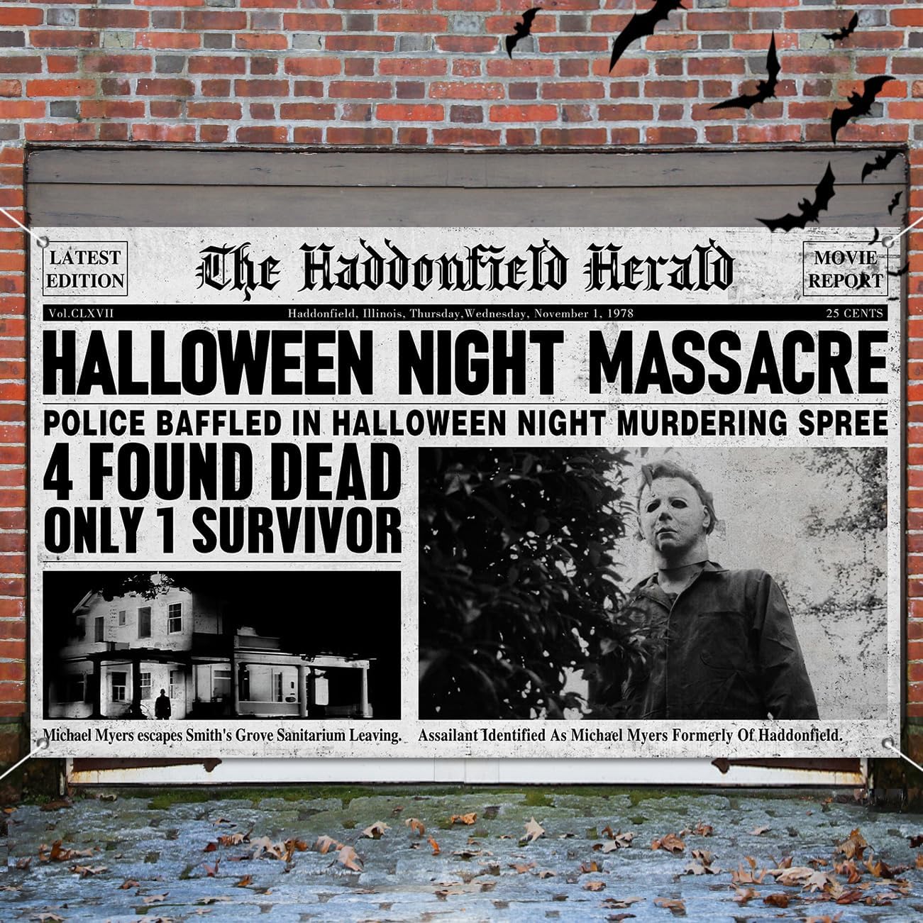 ssailue decor Vintage Halloween Decoration Horror Movie Backdrop Garage Door Banner Halloween Night Massacre Classic Movie Character Poster Newspaper
