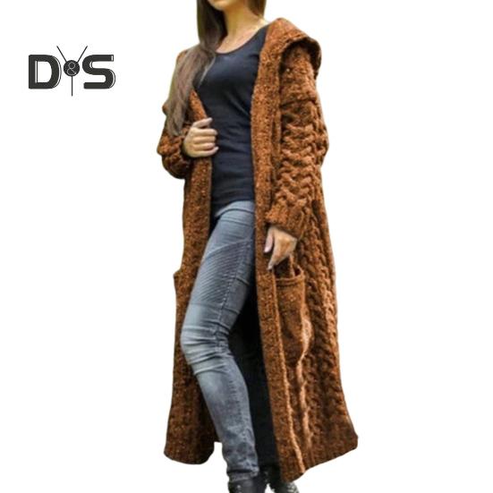 

Женская куртка-свитер с карманами, средней длины, с капюшоном, трикотажная скрученная текстура, однотонная, с длинным рукавом, куртка больших размеров, плотная, повседневная верхняя одежда для поездок на работу S хаки