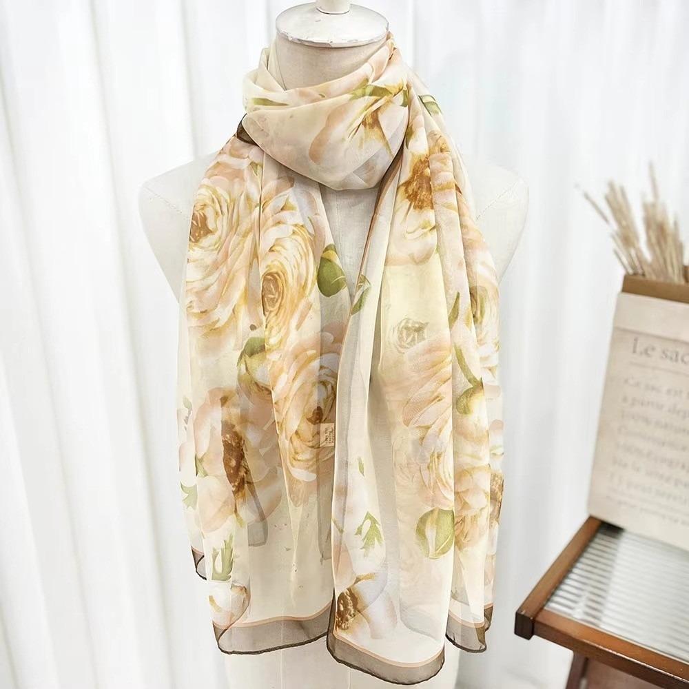 Thin Soft Long Chiffon Scarf Flower Print Beach Scarves Sun Protection Scarf for Casual Wear