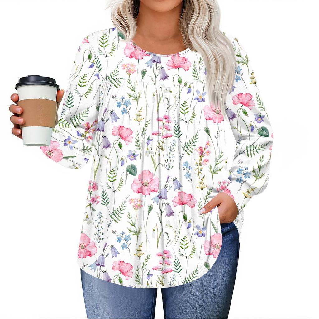 Dámské topy plus size košile s dlouhým rukávem kulatý výstřih splývavá tunika ležérní volná halenka L-5X