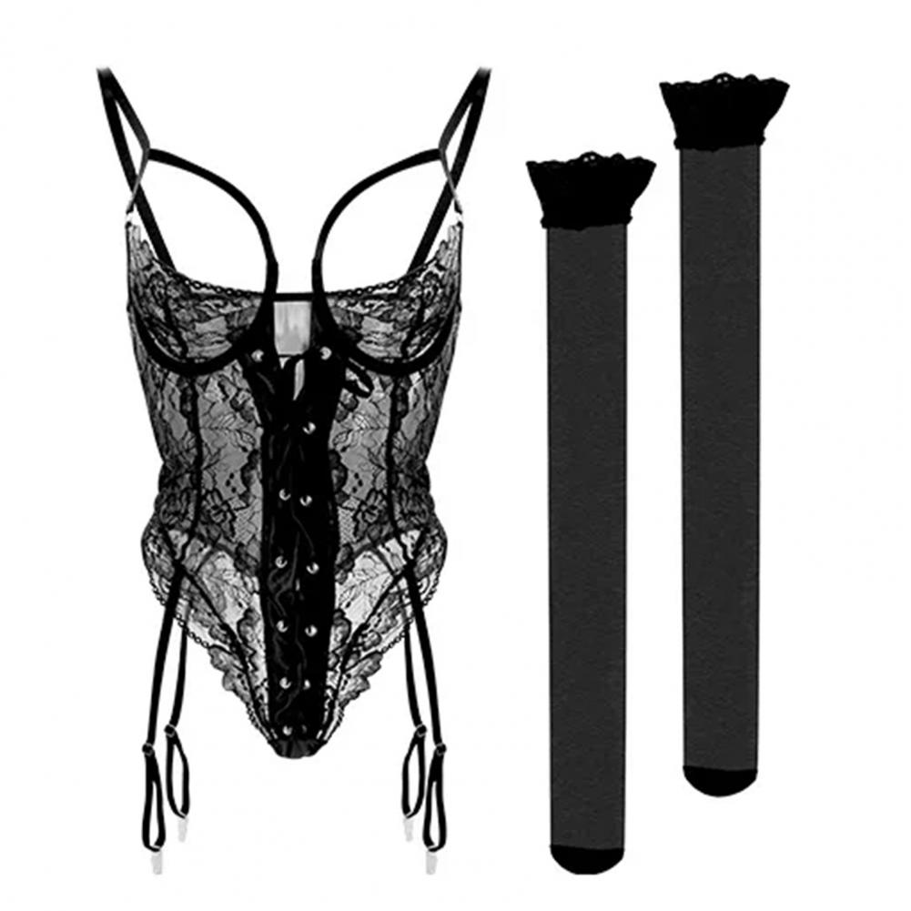 1/2Pcs Sexy Underwear Set Deep V-Neck Bandage Jumpsuit Stockings Lace Hollow See-Through Sleepwear