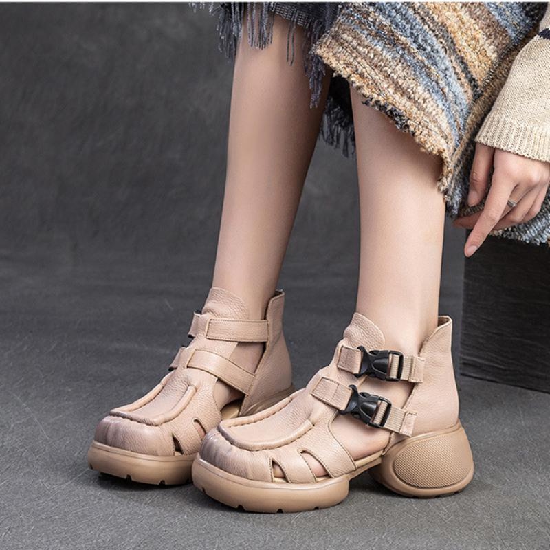 Johnature Retro Dickbesohlte Hohl Atmungsaktive Sandalen Echtes Leder Bequeme Vielseitige Damenschuhe