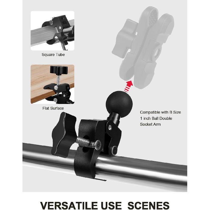 Aluminium Alloy Handlebar Mount Clamp Base With 1" Ball For Rails 0.5" To 2" In Diameter, Versatile Claw Compatible With RAM Mounts B Size Double