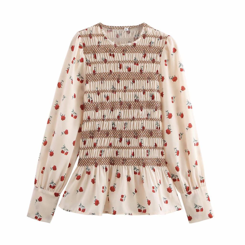 2025 Spring Women's European & American Floral Long Sleeve Round Neck Pleated Shirt