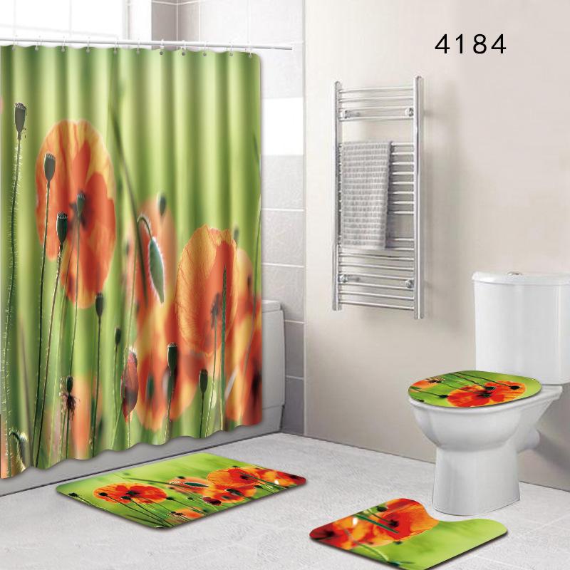 Plant Landscape Bathroom Shower Curtain Floor Mat Toilet Cover Foot Mat Four-Piece Pattern Size