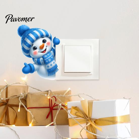 Removable Wall Sticker Cute Snowman Switch Sticker, Self-Adhesive PVC Decorative Decal, Blue And Holiday Socket Panel Cover White Winter Theme Art for