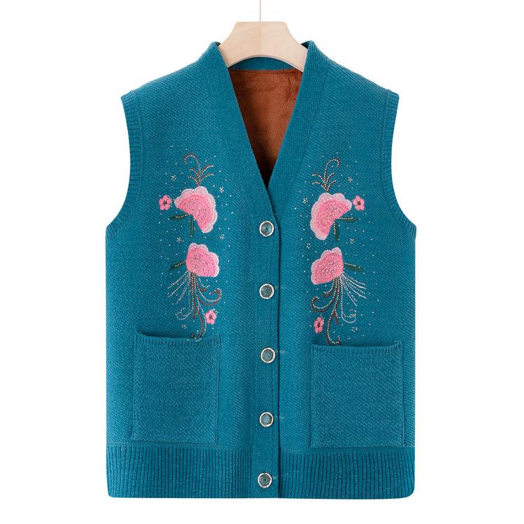Middle-aged and Elderly Sweater Vest Female Grandma Vest Mother with Autumn and Winter Plus Velvet Thickened Vest Old Lady Warm Horse Clip