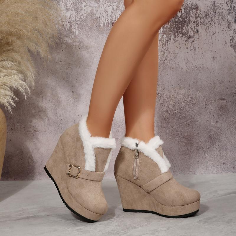 Metal Buckle Suede Wedge Heel Snow Boots Women Winter Round Toe Super High Heel Ankle Boots Warm Faux Fur Thick Bottom Shoes