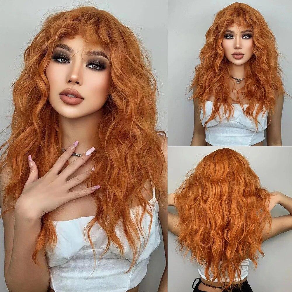 ALAN EATON Ombre Blonde Curly Wigs with Bangs Long Wave Synthetic Full Wig Cute Party Cosplay Wig High Temperature Fake Hair